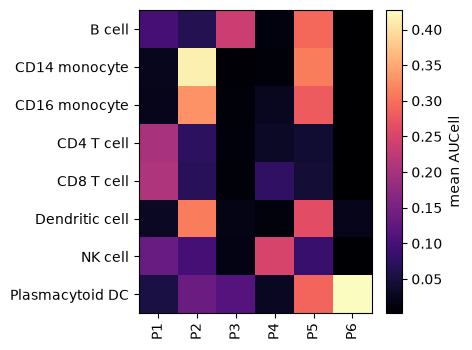 Heatmap of the mean AUCell score of programs P1 to P6 in eight PBMC populations. P2 is brightest in CD14 monocytes, P3 in B cells, P4 in NK cells, and P6 in plasmacytoid DCs, while P1 marks T cells and P5 spans B cells, monocytes, and both kinds of dendritic cells.