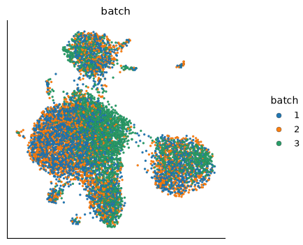 Harmony-corrected PBMC UMAP colored by batch. The three batches overlap more within the major groups than in the uncorrected layout.